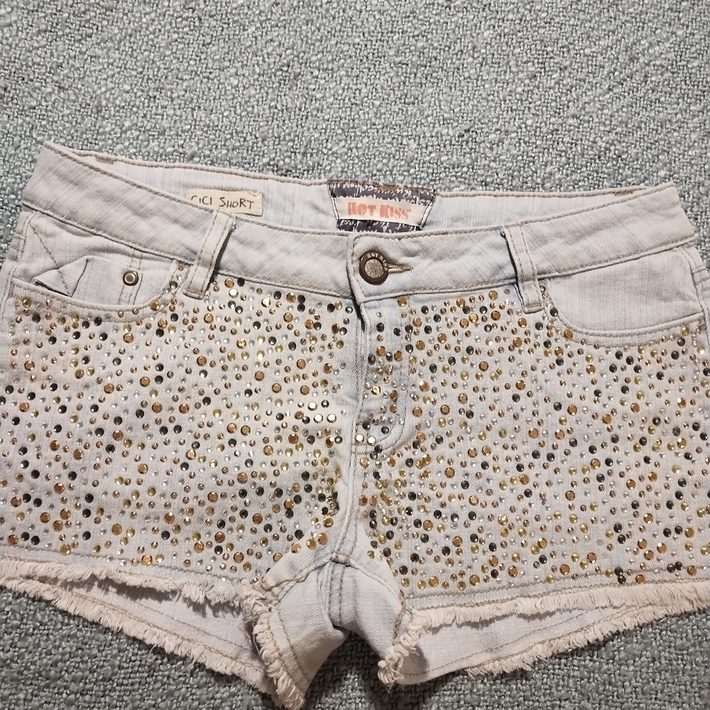 Hot Kiss Women's Light Wash and Gold Studded Jean Shorts
